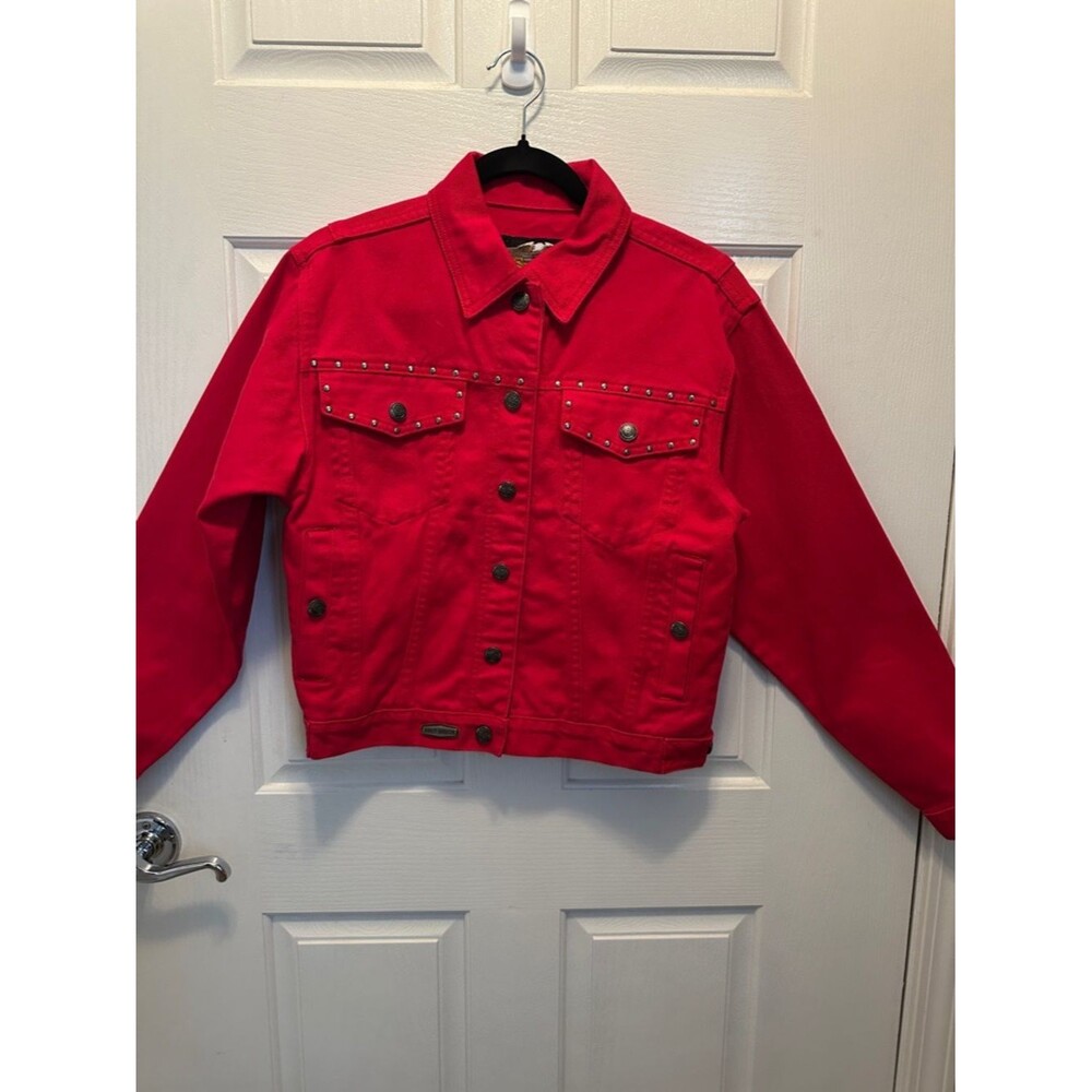 Harley-Davidson Red Studded Denim Jacket Detailed Buttons and Back Logo Small